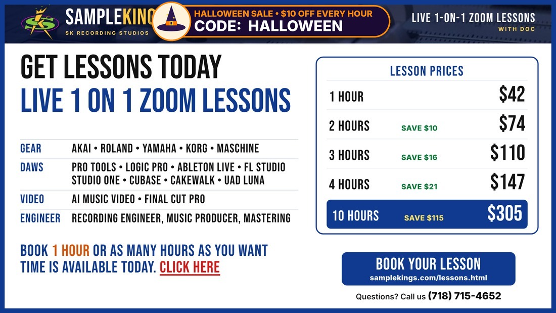 SampleKings.com: Get Lessons Today - Live 1 on 1 Zoom Lessons - Gear, DAWs, AI Music Video, Final Cut Pro, Recording Engineer, Music Producer, Mastering - 42 Dollars An Hour, Book 1 Hour Or As Many Hours As You Want - Call 718-715-4652